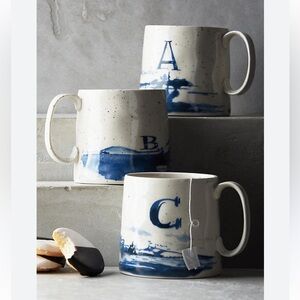 Anthroplogie Buoyant Letters Stoneware Mug Landscape coastal Monogram Blue A